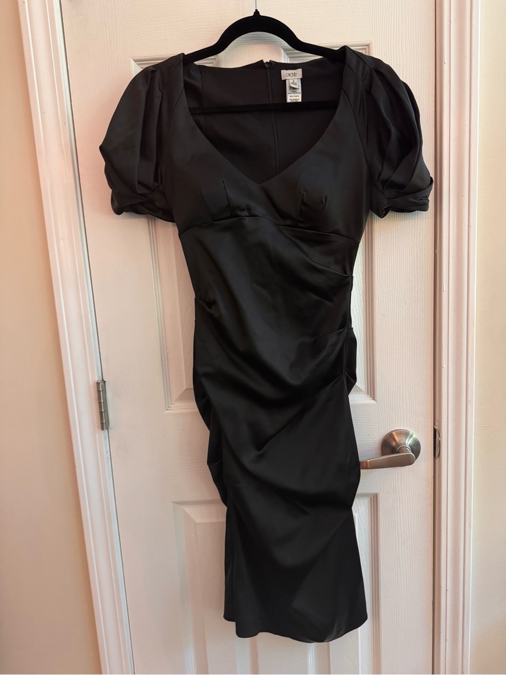 CACHE Satin Ruched Puff Sleeve Midi Dress Size 2